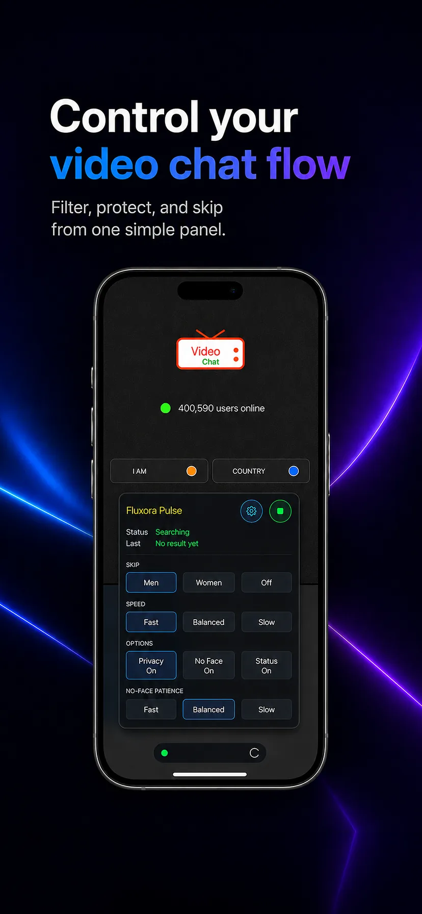 Fluxora Pulse control panel on iPhone with skip, speed, and privacy options in mobile Safari